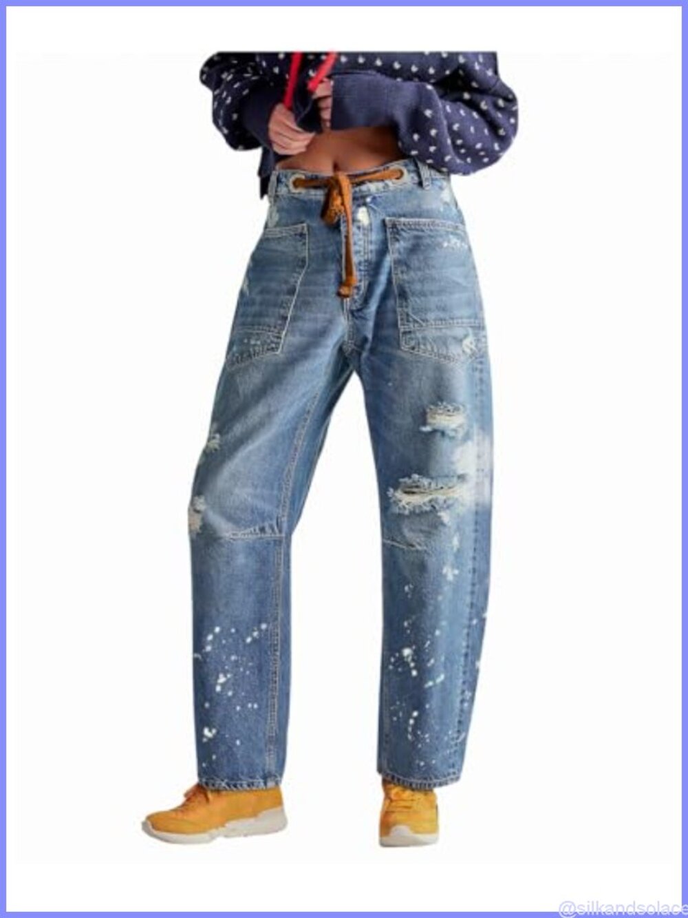 Women's Baggy Barrel Jeans Boyfriend Mid Rise Drawstring Wide Leg Denim Pants